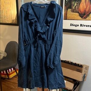 Navy Ruffle Long Sleeve Dress